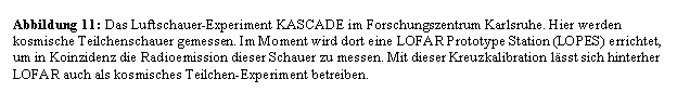 Textfeld: Abbildung 11: Das Luftschauer-Experiment KASCADE im Forschungszentrum Karlsruhe. Hier werden kosmische Teilchenschauer gemessen. Im Moment wird dort eine LOFAR Prototype Station (LOPES) errichtet, um in Koinzidenz die Radioemission dieser Schauer zu messen. Mit dieser Kreuzkalibration lsst sich hinterher LOFAR auch als kosmisches Teilchen-Experiment betreiben.